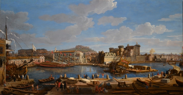 Caspar van Wittel - National Maritime Museum BHC1900. Title: The Darsena delle Galere and Castello Nuovo at Naples. Date: 1703. Materials: oil on panel. Dimensions: 75.5 x 141 cm. Nr.: BHC1900. Source: http://collections.rmg.co.uk/mediaLib/380/media-380929/large.jpg.